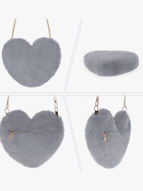 Plush Heart Crossbody Bag - Gray Faux Fur
